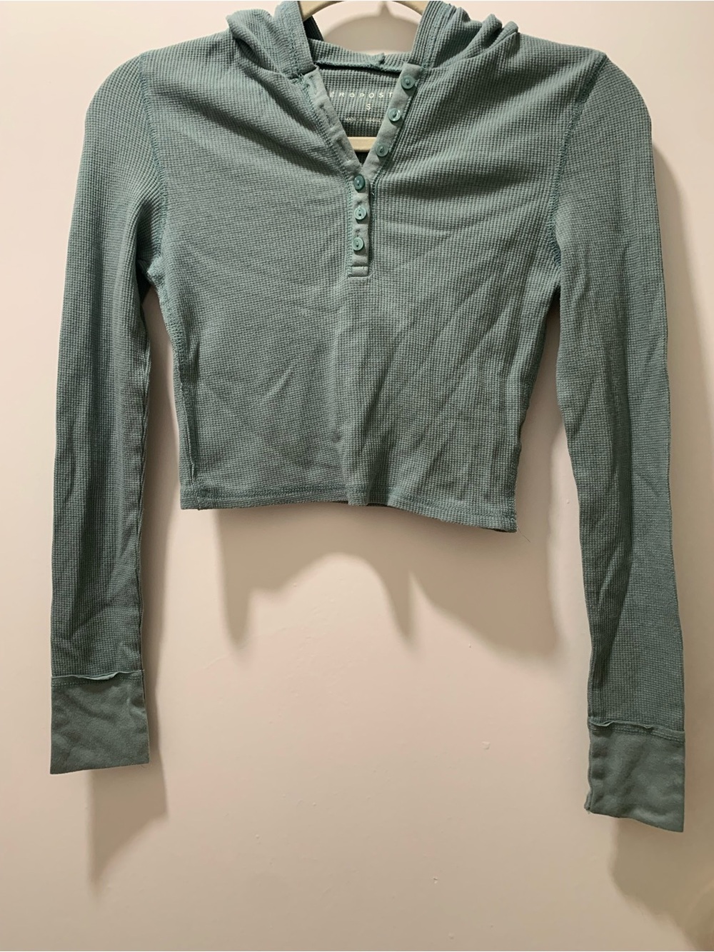 Aeropostale Sage Green Waffle Knit Hooded Henley Crop Top